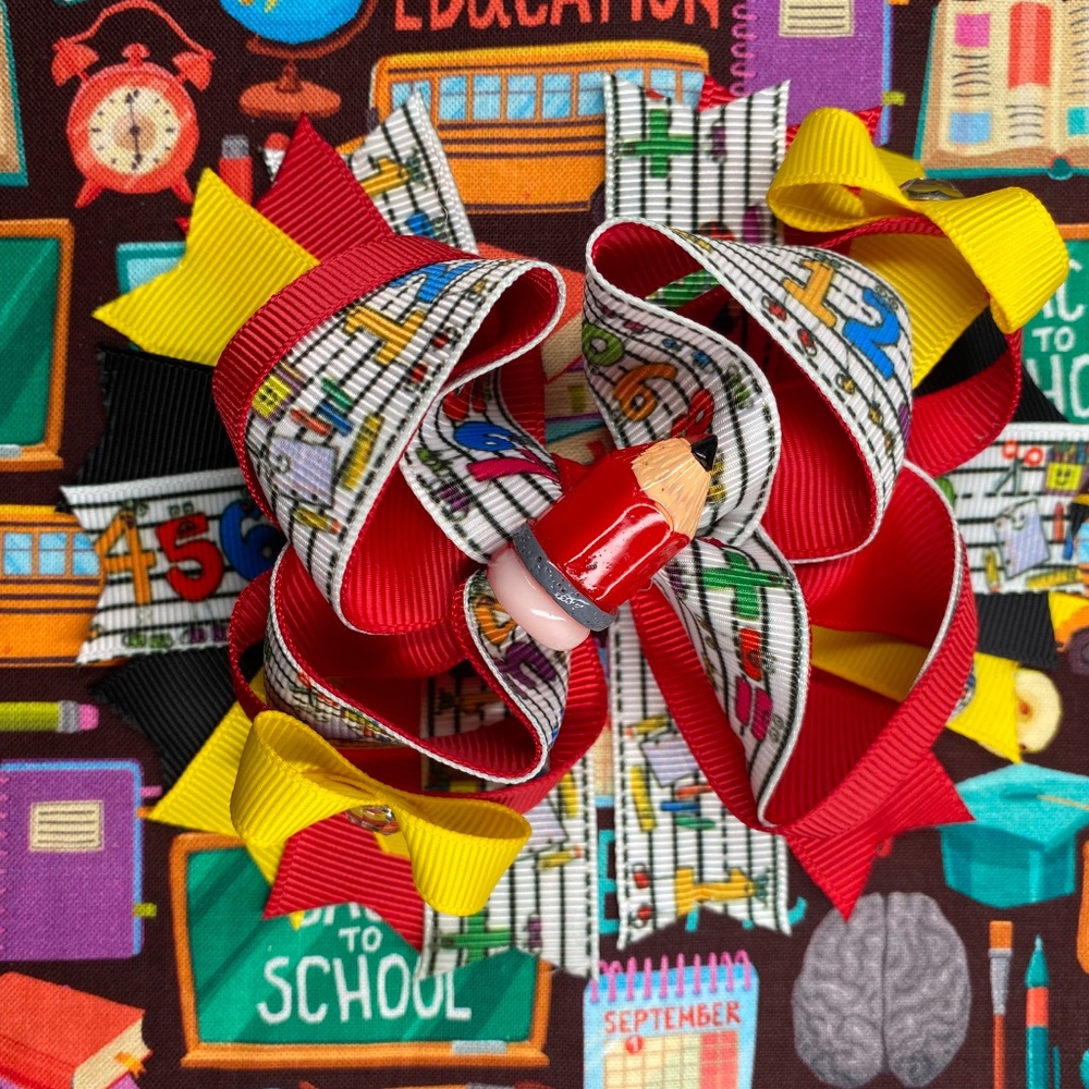 First Day of Girl Hair Bow, Red Pencil Hair Clip,Colorful Multi-stacked Bow